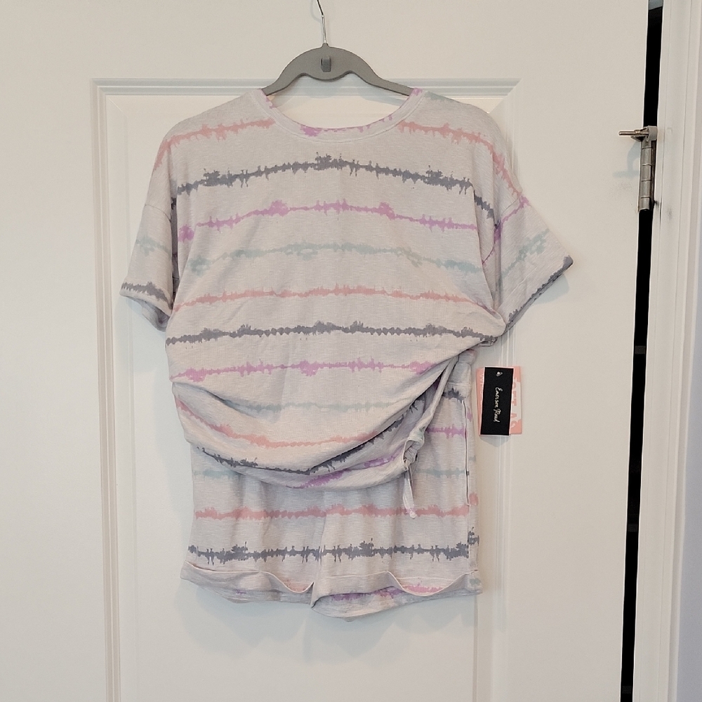 Emerson Road Women's Crew Neck Tie TEE & Short Pajama Set Rainbow In Small NWT